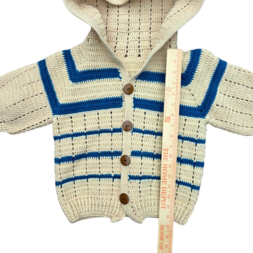 Handmade Boy's Sweater‎ Size 6 Cream Blue Stripe Hood Crochet Nautical Button - Picture 5 of 7